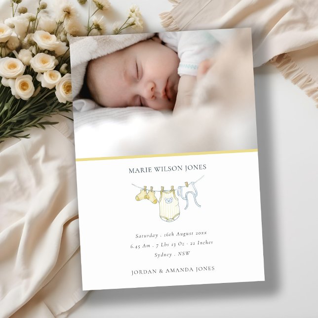 Yellow Clothesline Photo Baby Birth Announcement  (Creator Uploaded)