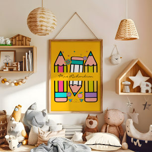 Yellow Colorful Teacher Cartoon Pencil Poster