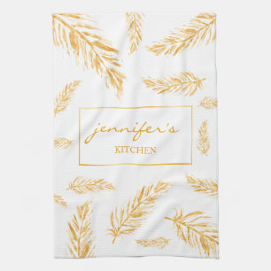 Yellow Colour Feathers With Custom Name Tea Towel