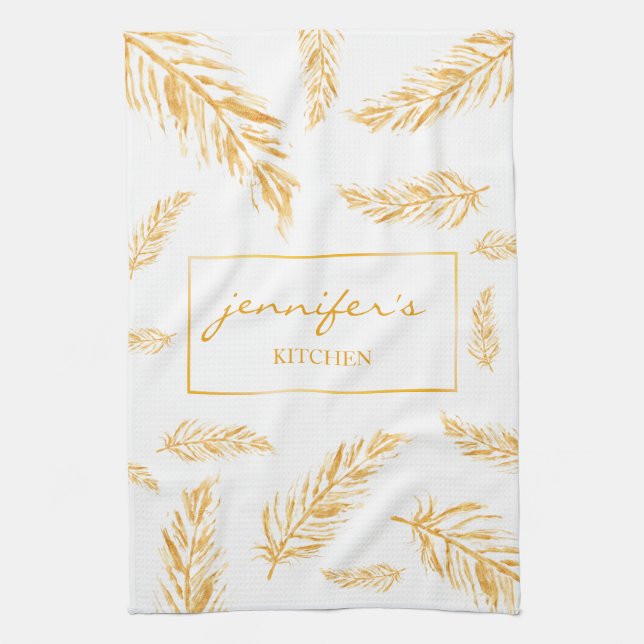 Yellow Colour Feathers With Custom Name Tea Towel (Vertical)