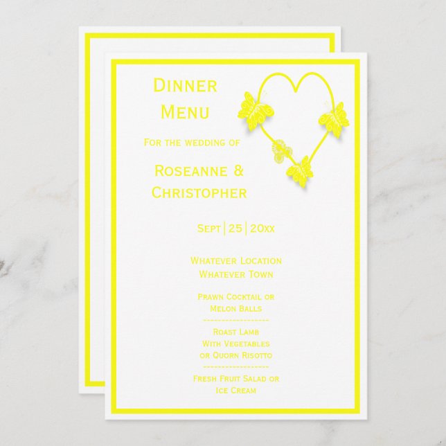 Yellow Coloured Butterflies Heart Design Wedding Menu (Front/Back)