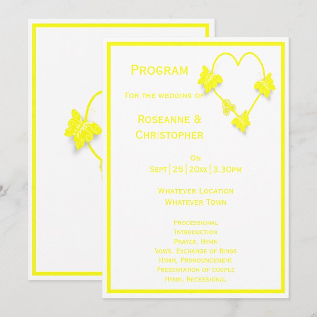 Yellow Coloured Butterflies Heart Design Wedding Programme (Front/Back)