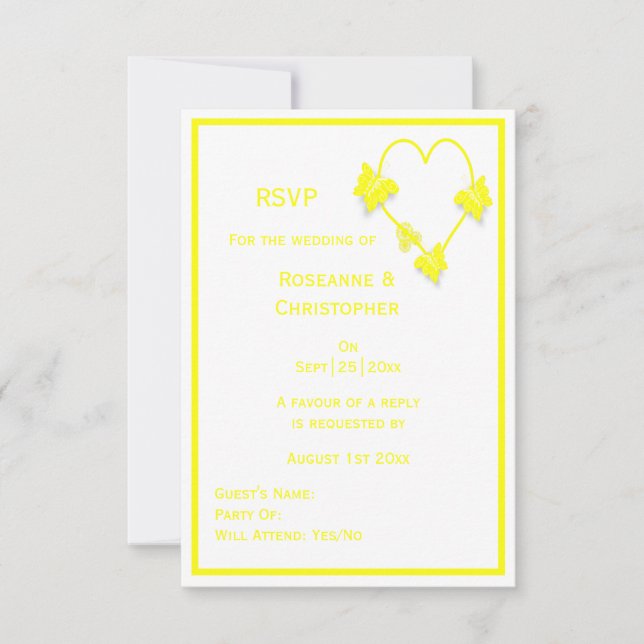 Yellow Coloured Butterflies Heart Design Wedding RSVP Card (Front)
