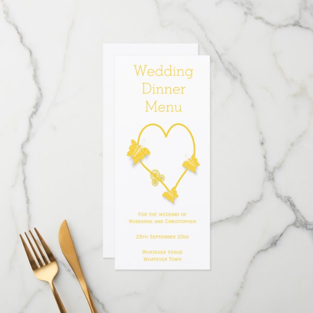 Yellow Coloured Butterfly Heart Wedding Dinner Menu (Front/Back In Situ)