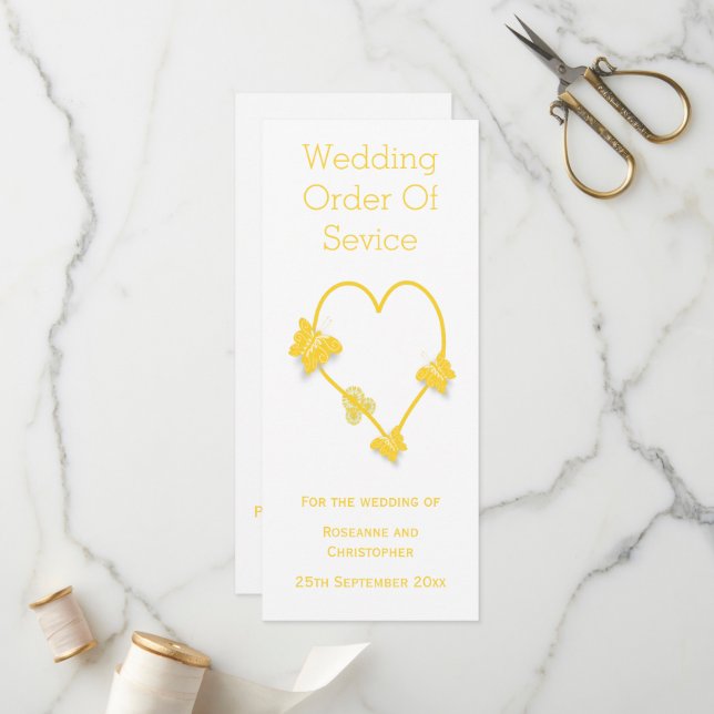 Yellow Coloured Butterfly Heart Wedding Program Programme (Front/Back In Situ)