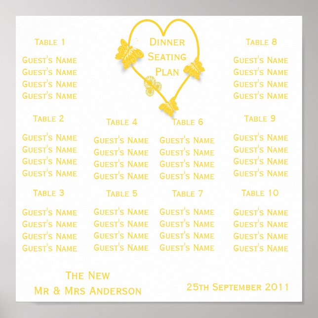 Yellow Coloured Butterfly Heart Wedding Seating Poster (Front)