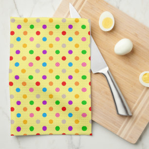 Yellow Colourful Rainbow Polka Dots Design Tea Towel