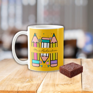 Yellow Colourful teacher name pencil cartoon  Coffee Mug