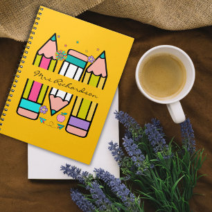 Yellow Colourful teacher name pencil cartoon Notebook