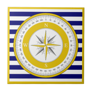 Yellow Compass Rose Blue and White Stripe Tile