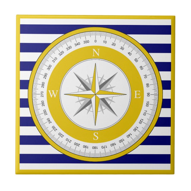Yellow Compass Rose Blue and White Stripe Tile (Front)