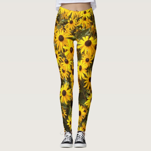Yellow Coneflower Flowers All Over Print Leggings (Front)