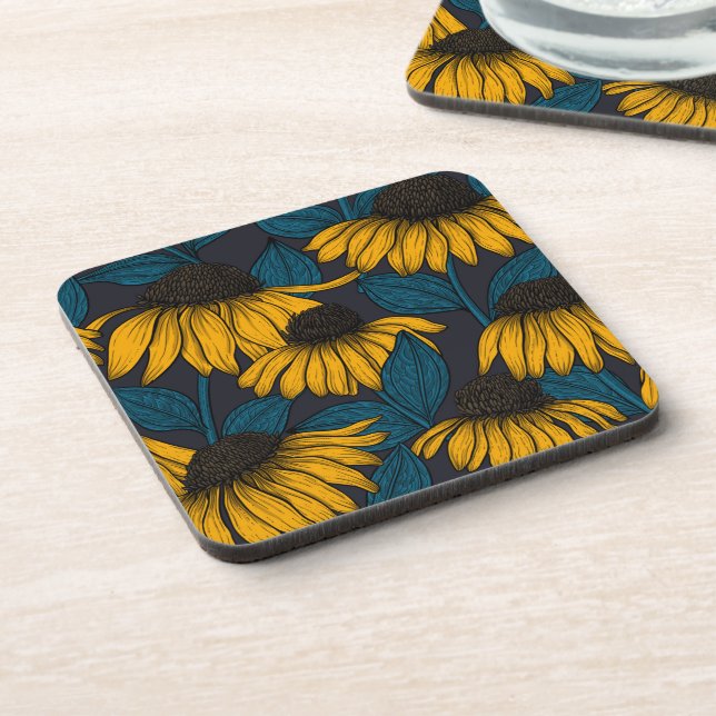 Yellow coneflowers on dark blue coaster (Left Side)