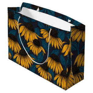 Yellow coneflowers on dark blue large gift bag