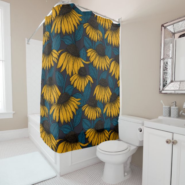 Yellow coneflowers on dark blue shower curtain (In Situ)