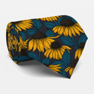 Yellow coneflowers on dark blue tie
