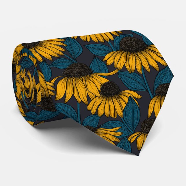 Yellow coneflowers on dark blue tie (Rolled)