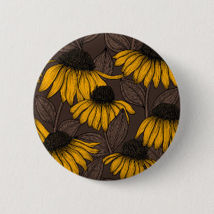 Yellow coneflowers on dark brown 6 cm round badge