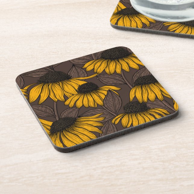 Yellow coneflowers on dark brown coaster (Left Side)