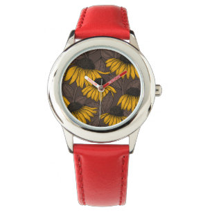 Yellow coneflowers on dark brown watch
