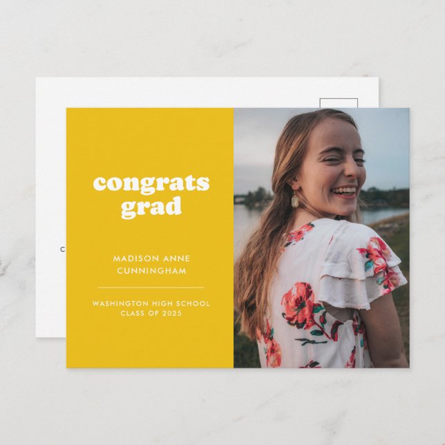 Yellow Congrats Grad Photo Graduation Invitation Postcard (Front/Back)