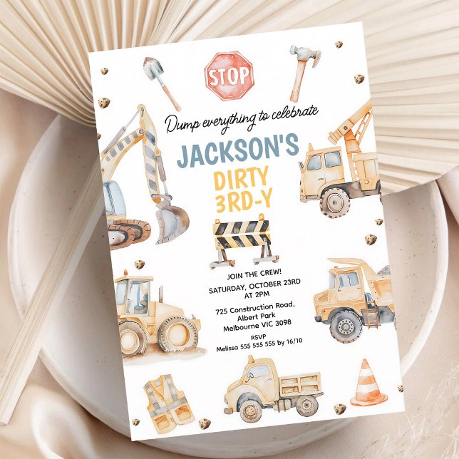 Yellow Construction 3rd Birthday Boy Invitation (Creator Uploaded)