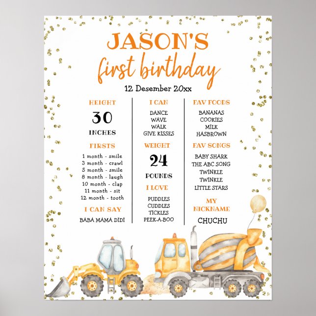Yellow Construction Birthday First Birthday Sign (Front)