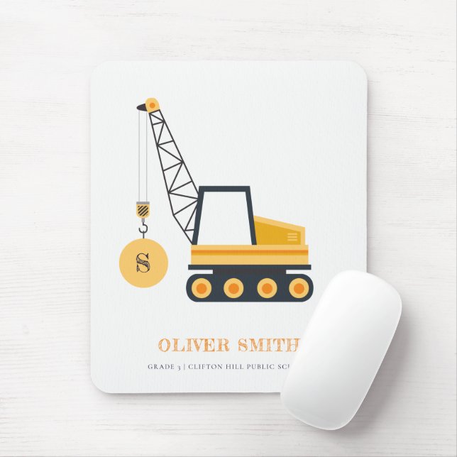 Yellow Construction Crane Vehicle Monogram Boys Mouse Pad (With Mouse)