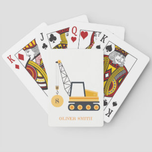 Yellow Construction Crane Vehicle Monogram Boys Playing Cards