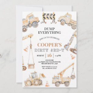Yellow Construction Dirty 3rd Birthday Boy Invitation