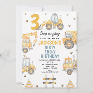 Yellow Construction Dump Truck 3rd Birthday Invitation