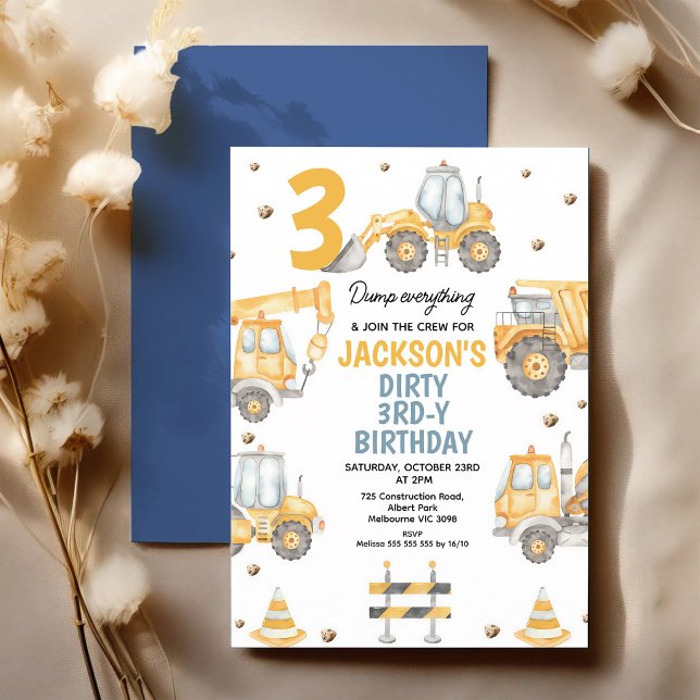 Yellow Construction Dump Truck 3rd Birthday Invitation (Creator Uploaded)