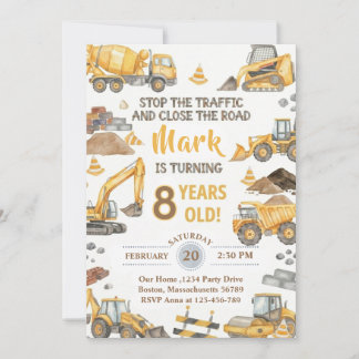 Yellow Construction Truck Birthday Invitation