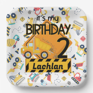 yellow construction truck car 2nd birthday paper plate