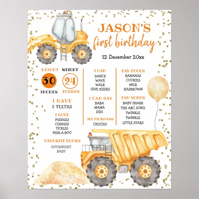 Yellow Construction Truck First Birthday Sign (Front)