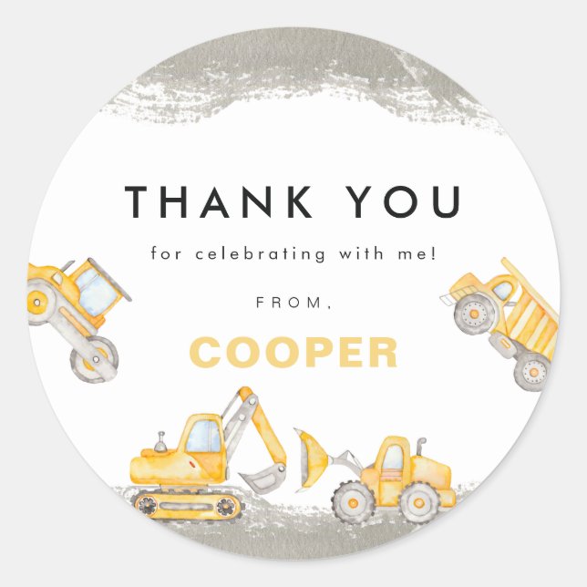 Yellow Construction Trucks Birthday Thank You Classic Round Sticker (Front)