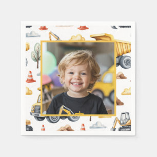 Yellow Construction Trucks Boy Birthday Photo  Napkin
