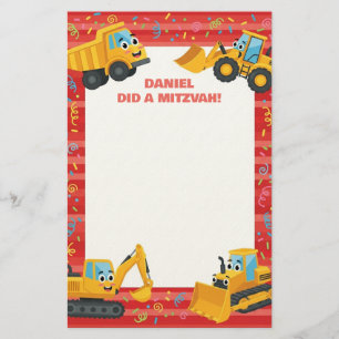 Yellow Construction Trucks Customised Mitzvah Note Stationery