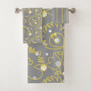 Yellow continuous lines on grey background bath towel set