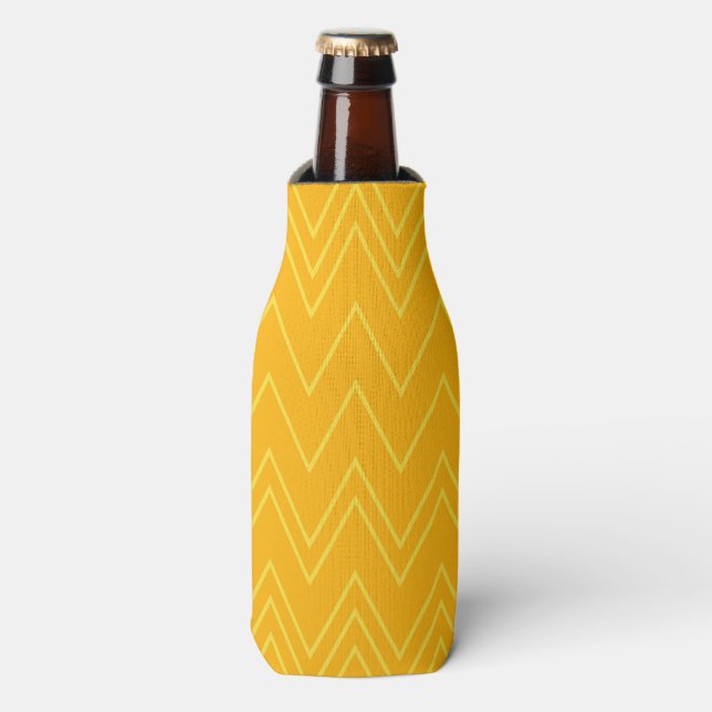 Yellow, cool, trendy, modern, urban zigzag pattern bottle cooler (Bottle Front)