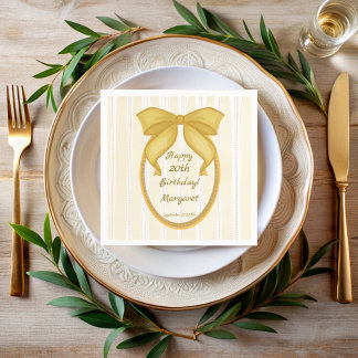 Yellow coquette retro stripes bow birthday party napkin