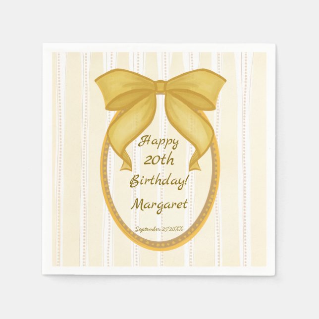 Yellow coquette retro stripes bow birthday party napkin (Front)
