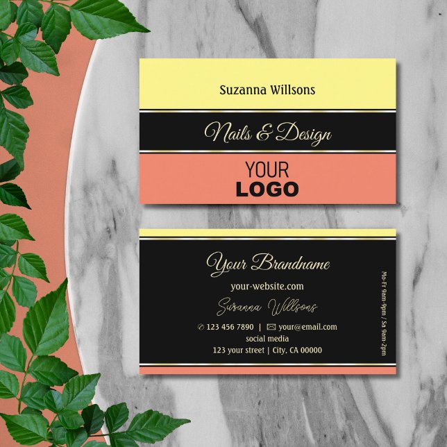 Yellow Coral Borders on Black with Logo Stylish Business Card (Creator Uploaded)