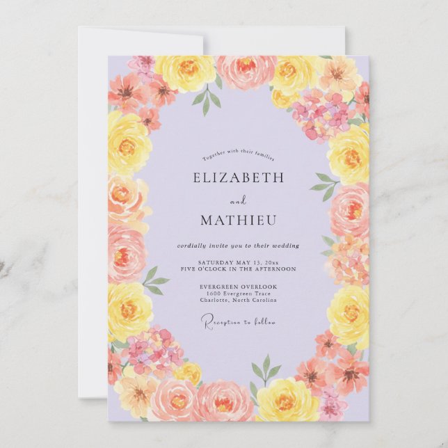 Yellow Coral Ranunculus Eucalyptus Wedding Invitation (Front)