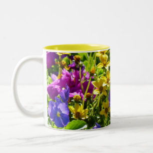 Yellow Coreopsis and Purple Violas Colourful Flora Two-Tone Coffee Mug