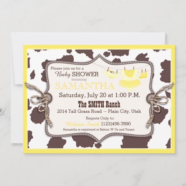 Yellow Cowgirl Baby Shower Tutu Invitation (Front)