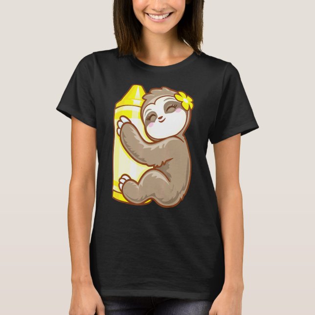 Yellow Crayon Colouring Sloth Girls T-Shirt (Front)