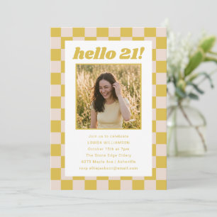 Yellow Cream Checker Photo Hello 21 Birthday Party Invitation
