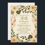 Yellow Cream Floral Greenery 90th Birthday Invitation<br><div class="desc">Rustic,  boho style floral 90th birthday party custom invitation with yellow and cream-coloured watercolor flowers on a tan background.</div>
