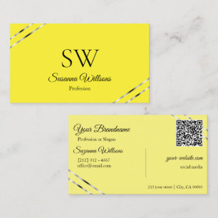 Yellow Cream with Silver Lines Monogram QR Code Business Card